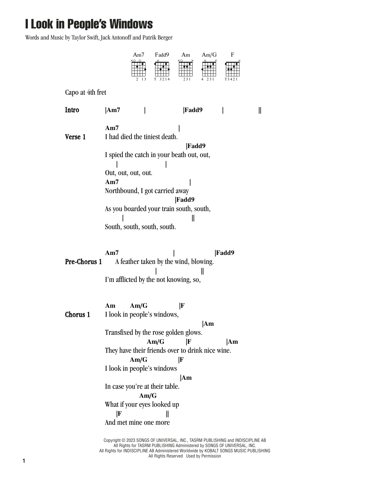 Taylor Swift I Look in People's Windows sheet music notes and chords. Download Printable PDF.