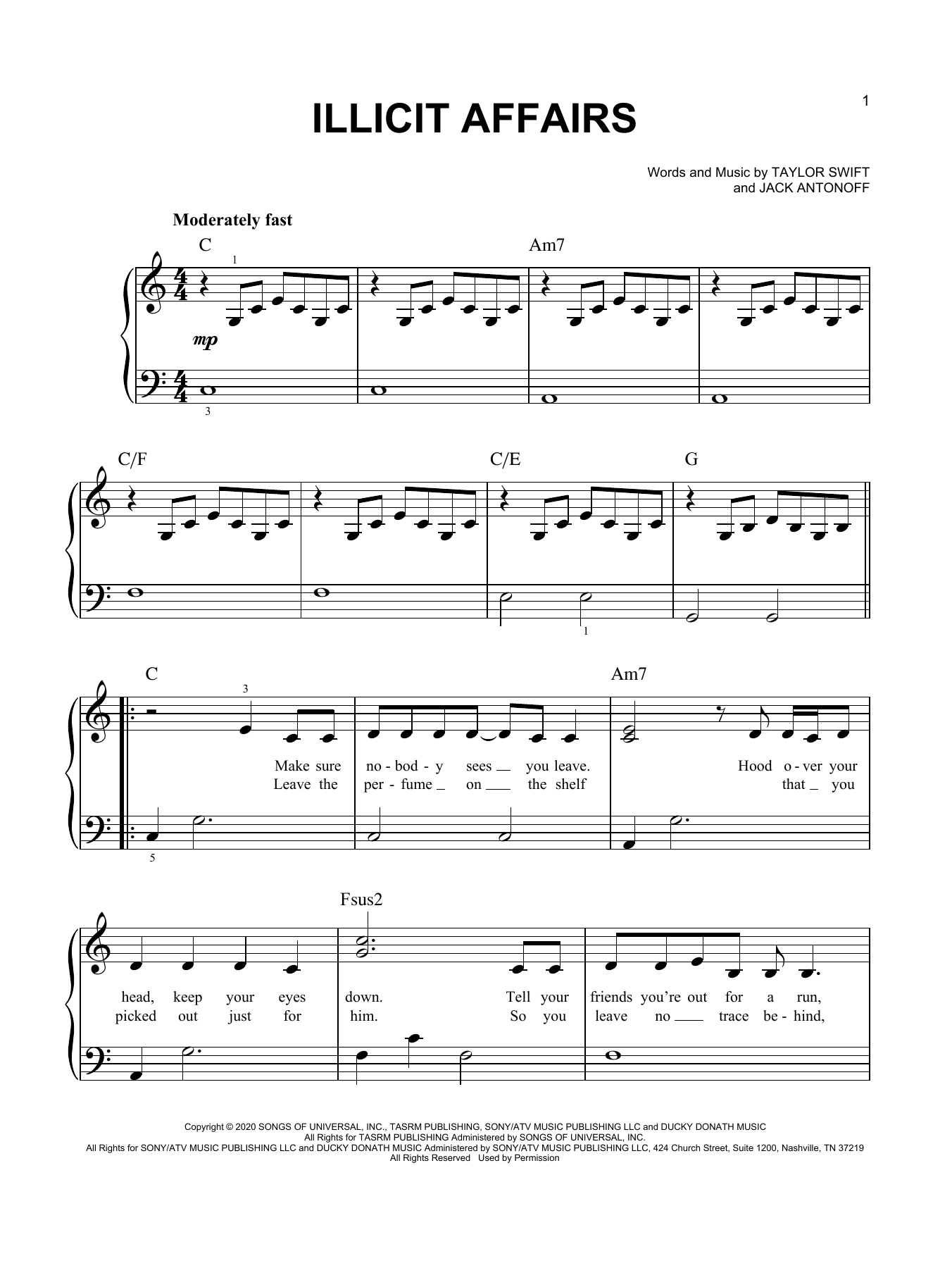 Taylor Swift illicit affairs sheet music notes and chords. Download Printable PDF.