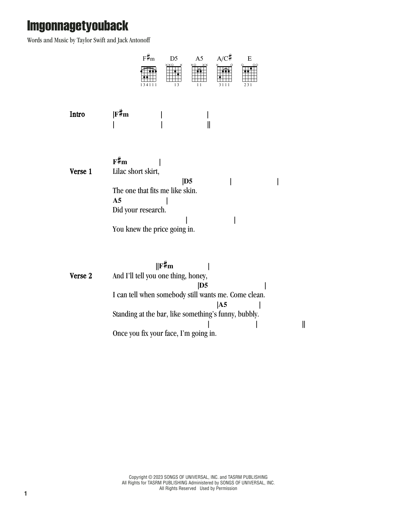 Taylor Swift imgonnagetyouback sheet music notes and chords. Download Printable PDF.