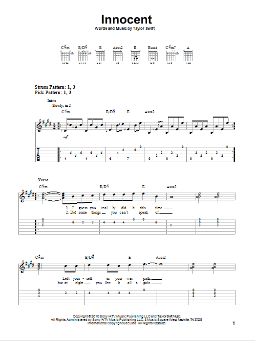 Taylor Swift Innocent sheet music notes and chords. Download Printable PDF.