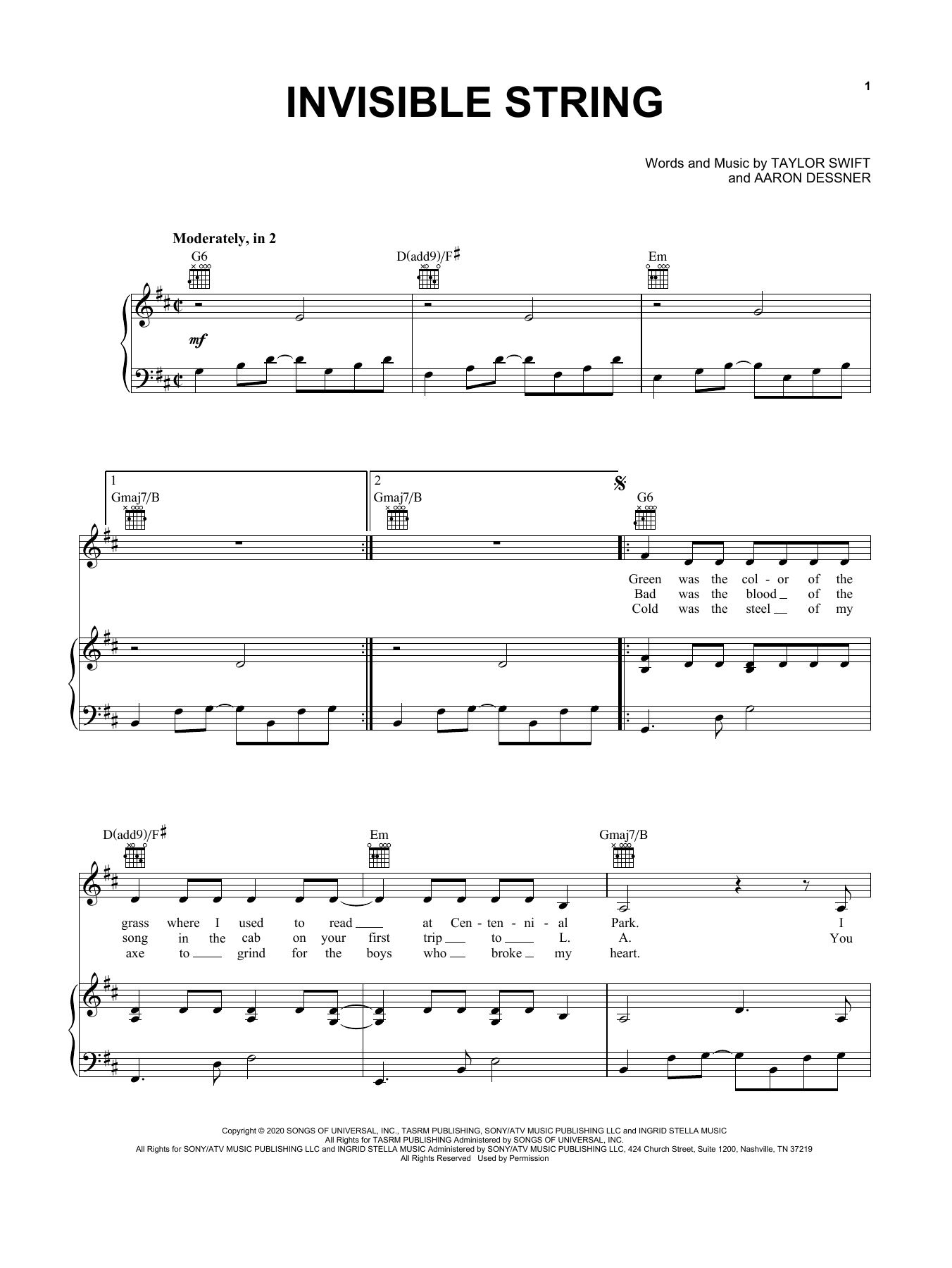 Taylor Swift invisible string sheet music notes and chords. Download Printable PDF.