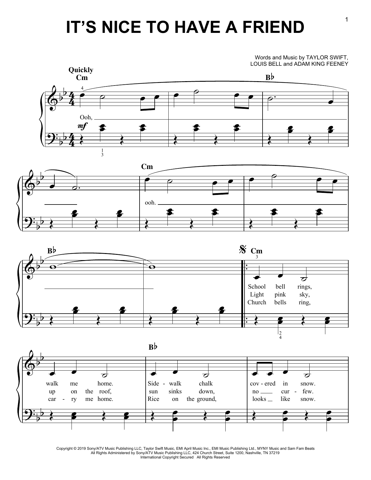 Taylor Swift It's Nice To Have A Friend sheet music notes and chords. Download Printable PDF.