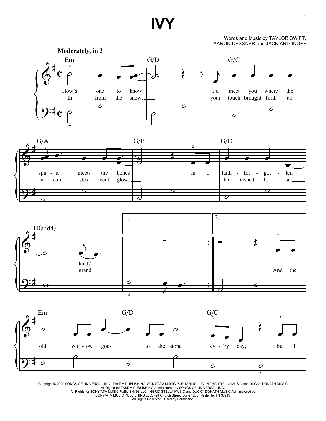 Taylor Swift ivy sheet music notes and chords. Download Printable PDF.