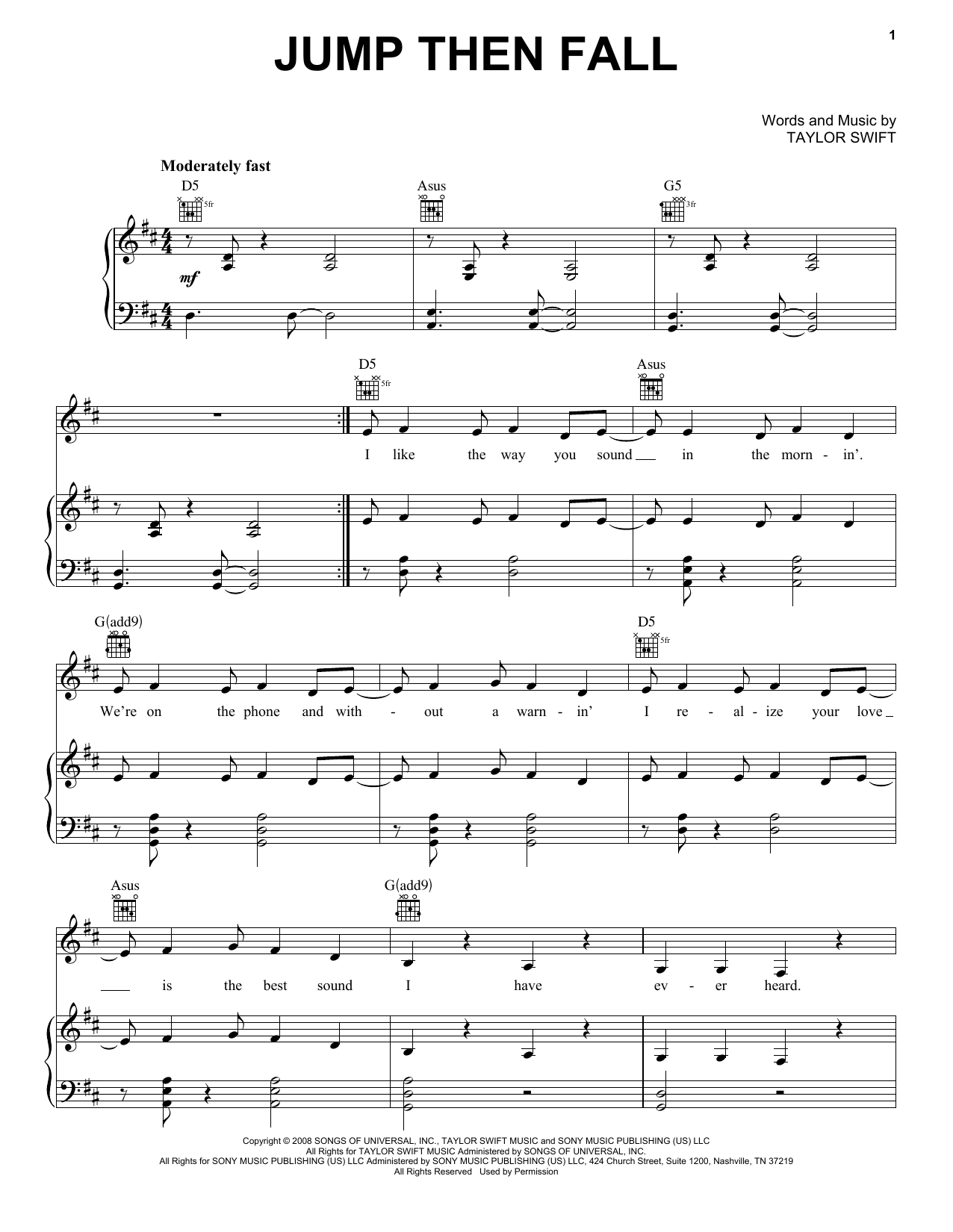 Taylor Swift Jump Then Fall (Taylor's Version) sheet music notes and chords arranged for Piano, Vocal & Guitar Chords (Right-Hand Melody)