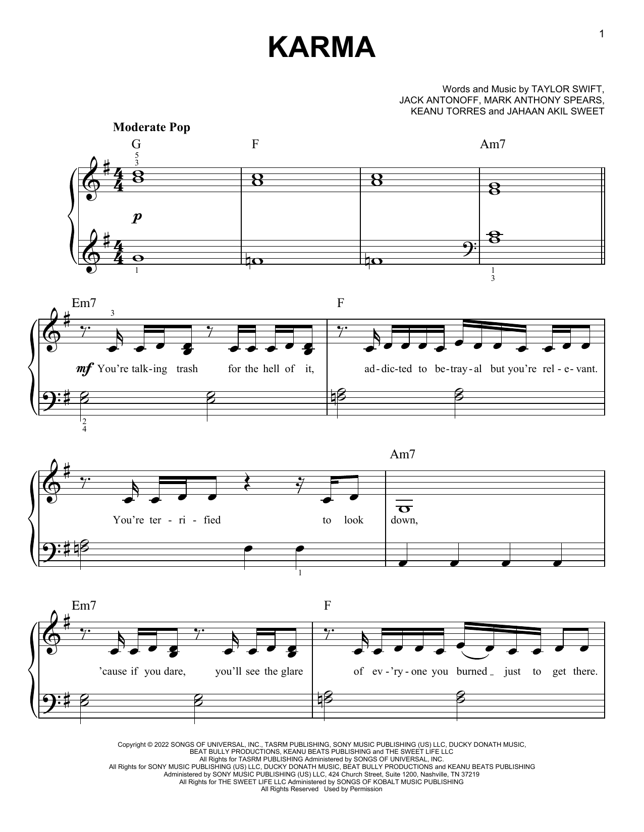 Taylor Swift Karma sheet music notes and chords. Download Printable PDF.