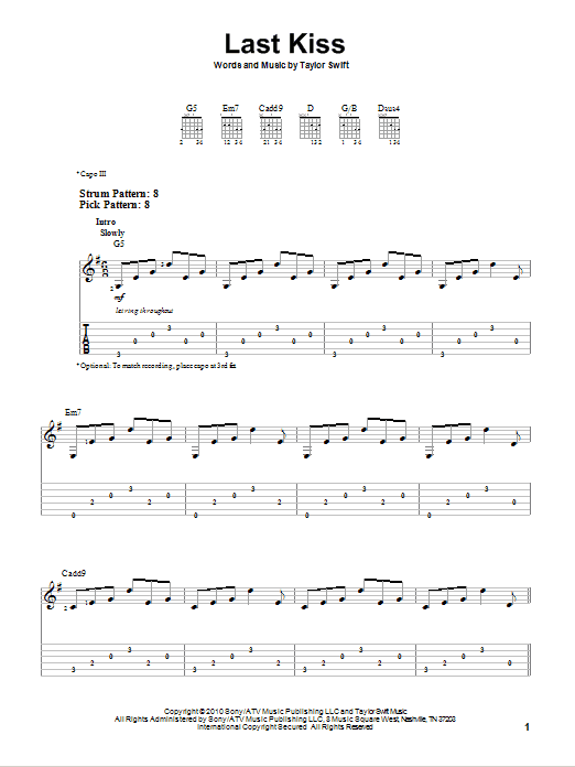 Taylor Swift Last Kiss sheet music notes and chords. Download Printable PDF.