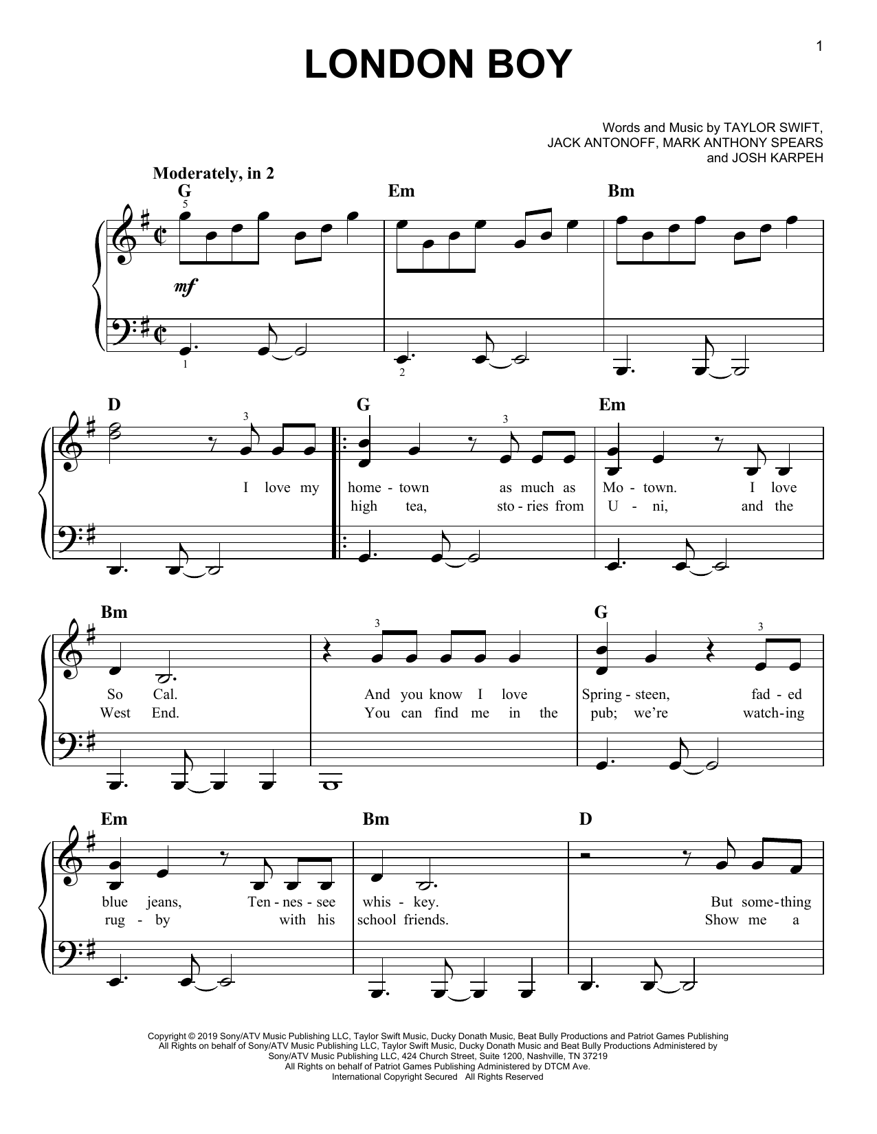 Taylor Swift London Boy sheet music notes and chords. Download Printable PDF.