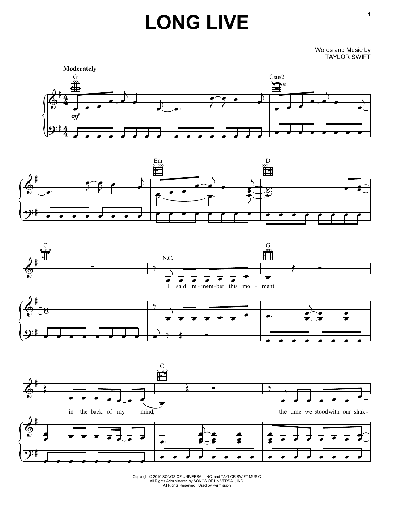 Taylor Swift Long Live sheet music notes and chords. Download Printable PDF.