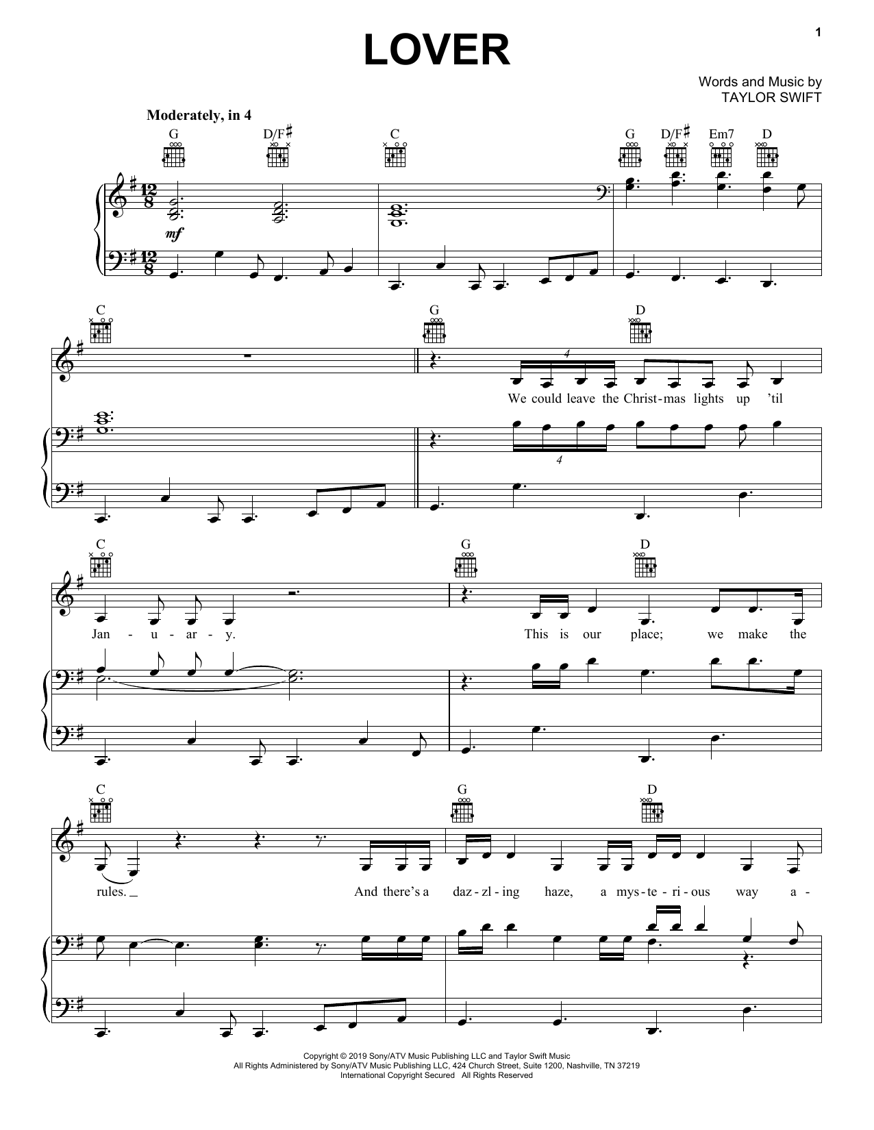 Taylor Swift Lover sheet music notes and chords. Download Printable PDF.