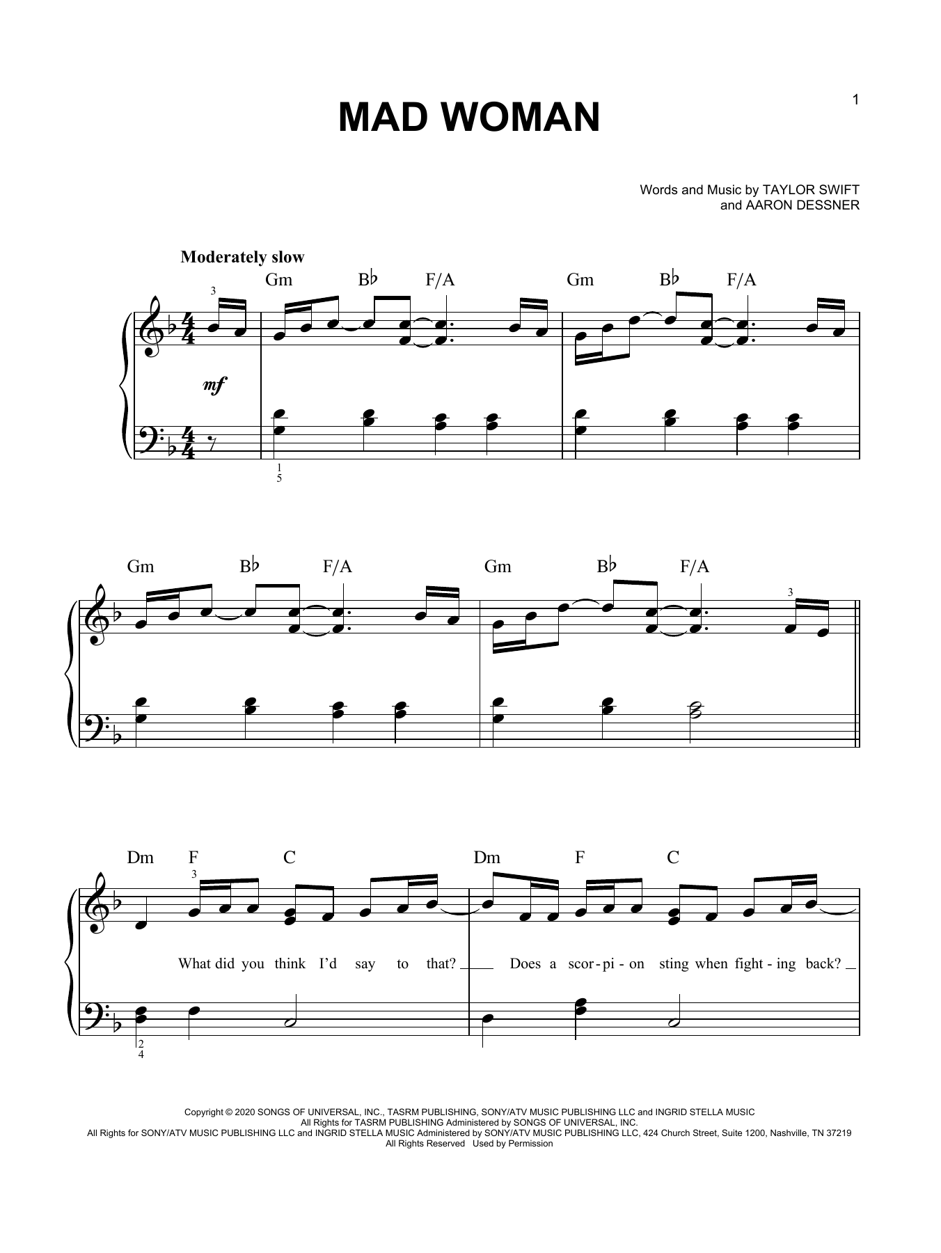 Taylor Swift mad woman sheet music notes and chords. Download Printable PDF.