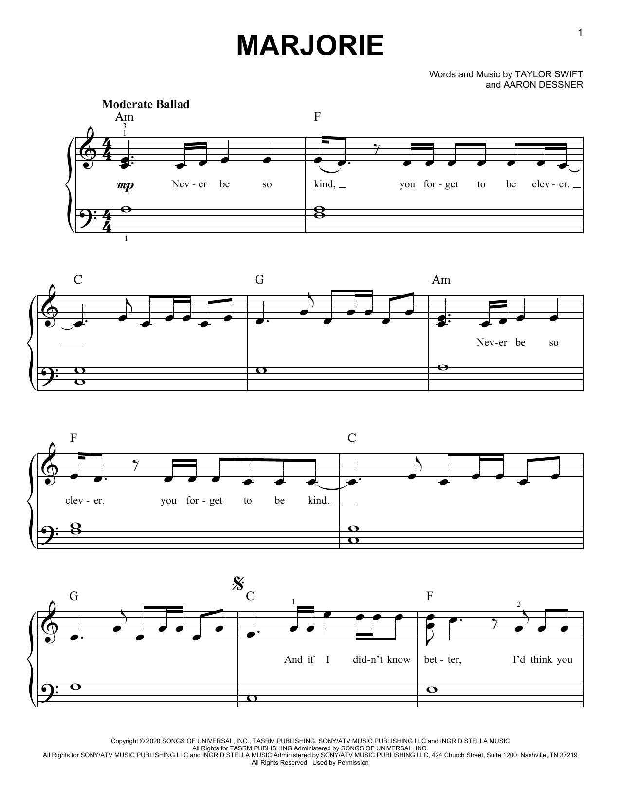 Taylor Swift marjorie sheet music notes and chords. Download Printable PDF.