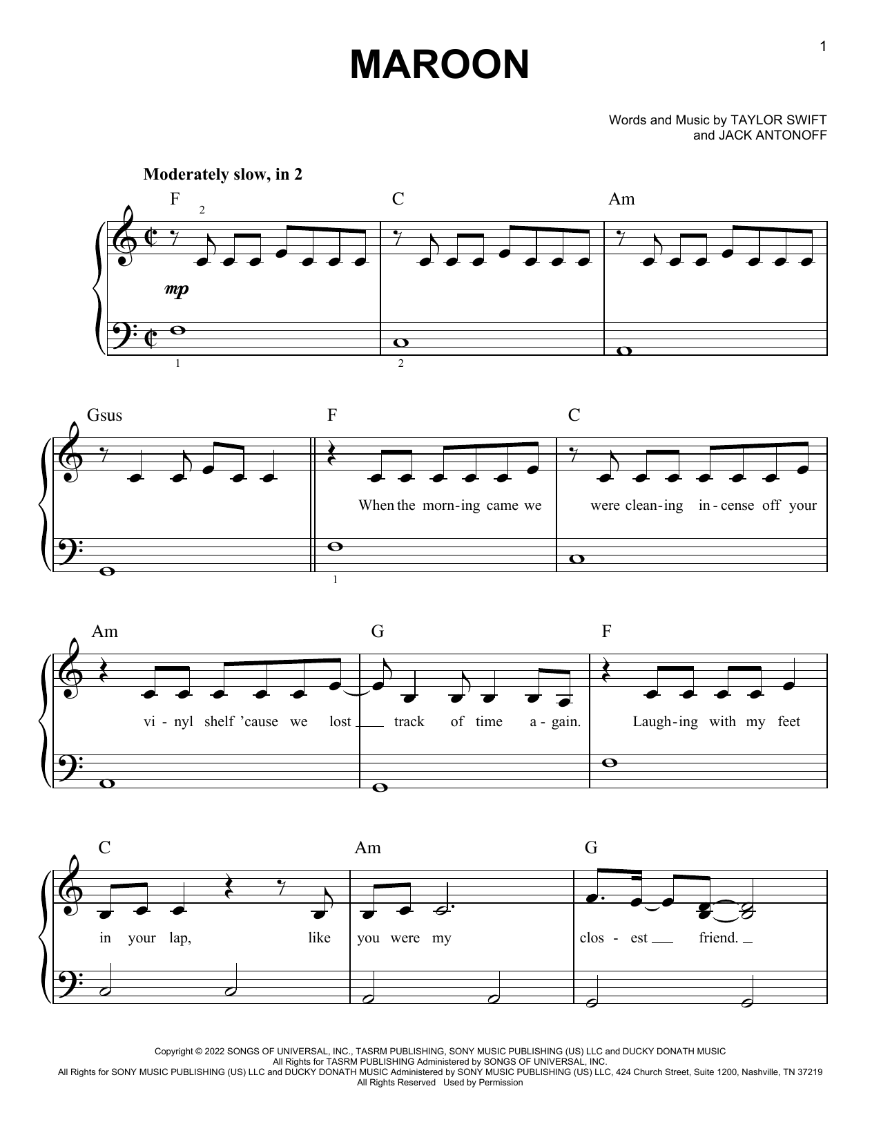 Taylor Swift Maroon sheet music notes and chords. Download Printable PDF.