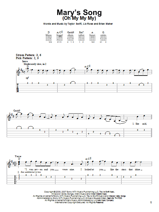 Taylor Swift Mary's Song (Oh My My My) sheet music notes and chords. Download Printable PDF.