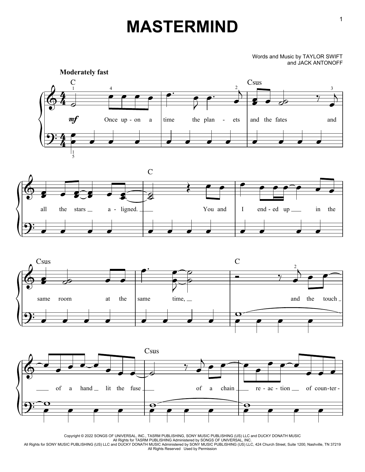 Taylor Swift Mastermind sheet music notes and chords. Download Printable PDF.