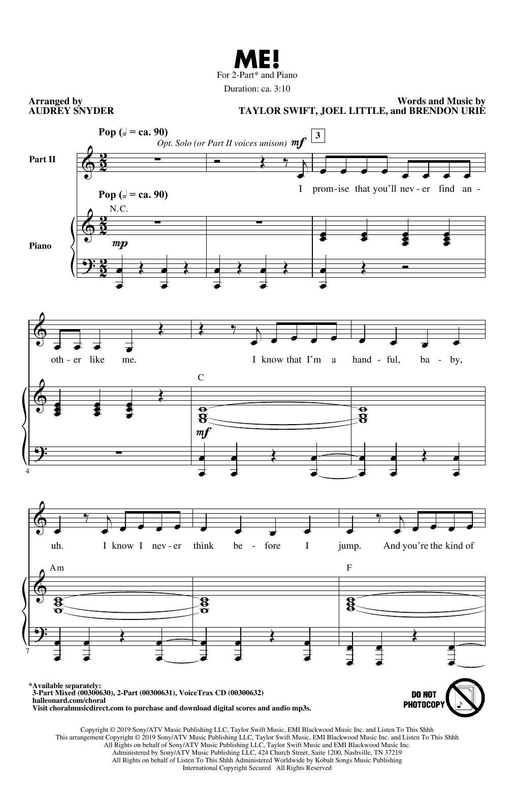 Learn to play Taylor Swift ME! (arr. Audrey Snyder) sheet music for 2-Part Choir in minutes. Price: 3.9900$ Taylor Swift ME! (arr. Audrey Snyder) sheet music notes and chords arranged for 2-Part Choir