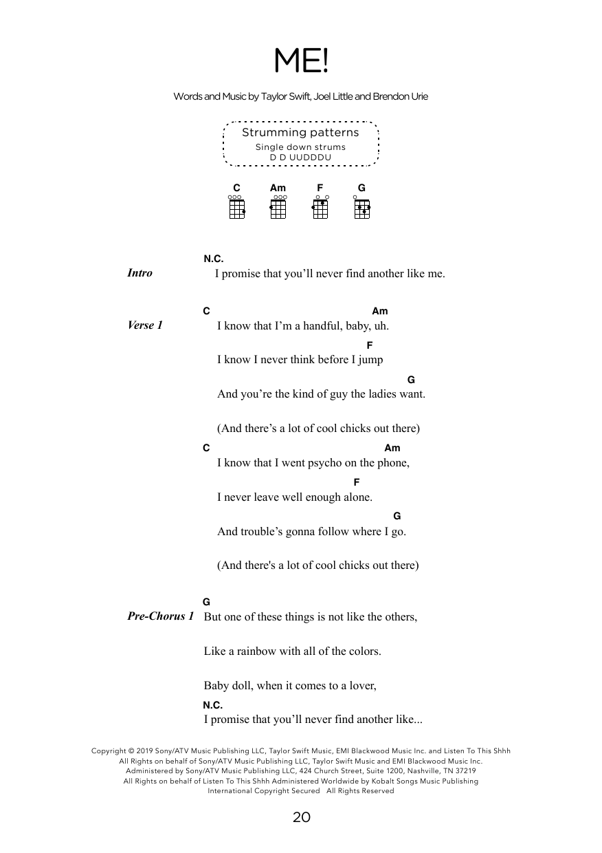 Learn to play Taylor Swift ME! (arr. Elise Ecklund) sheet music for Ukulele Chords/Lyrics in minutes. Price: 4.4900$ Taylor Swift ME! (arr. Elise Ecklund) sheet music notes and chords arranged for Ukulele Chords/Lyrics