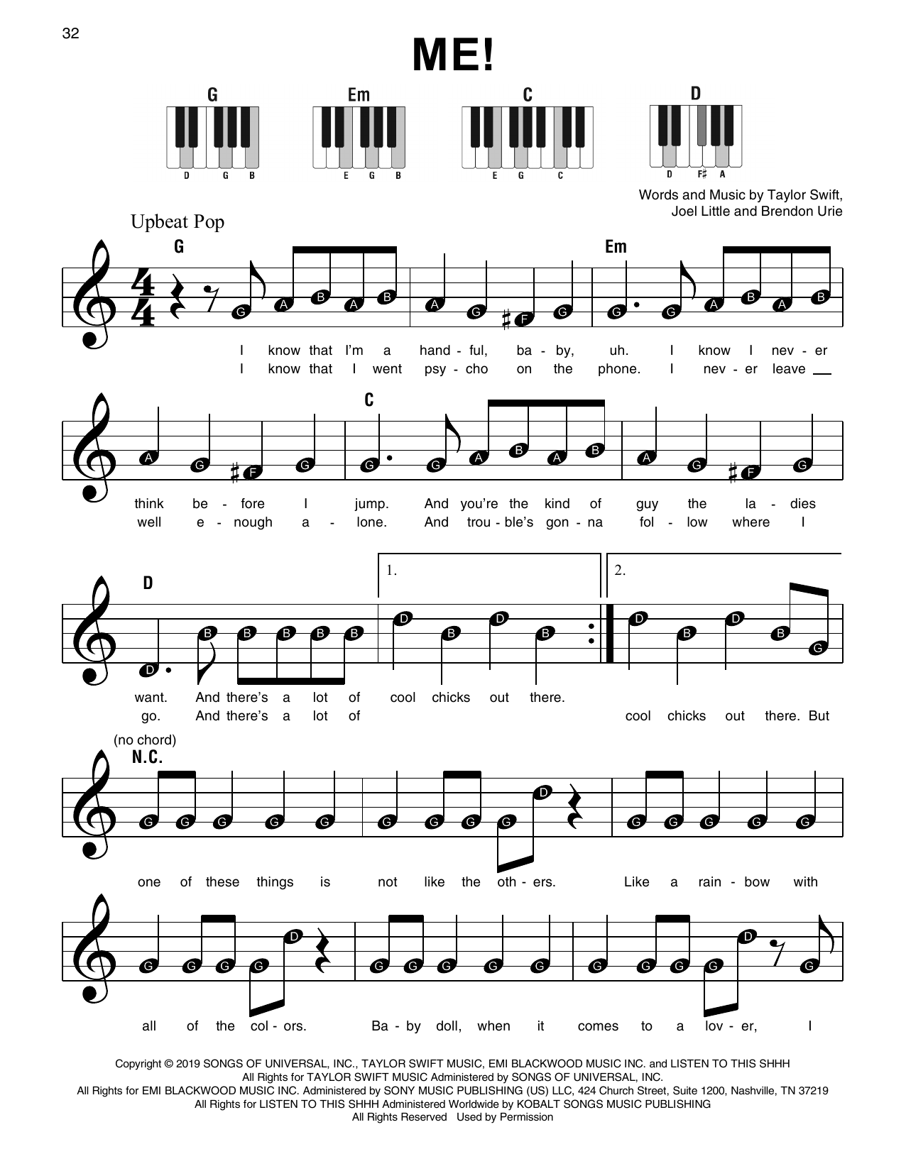 Taylor Swift ME! (feat. Brendon Urie of Panic! At The Disco) sheet music notes and chords. Download Printable PDF.