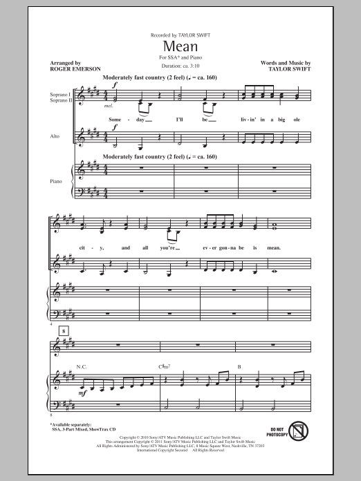 Learn to play Taylor Swift Mean (arr. Roger Emerson) sheet music for SSA Choir in minutes. Price: 3.9900$ Taylor Swift Mean (arr. Roger Emerson) sheet music notes and chords arranged for SSA Choir