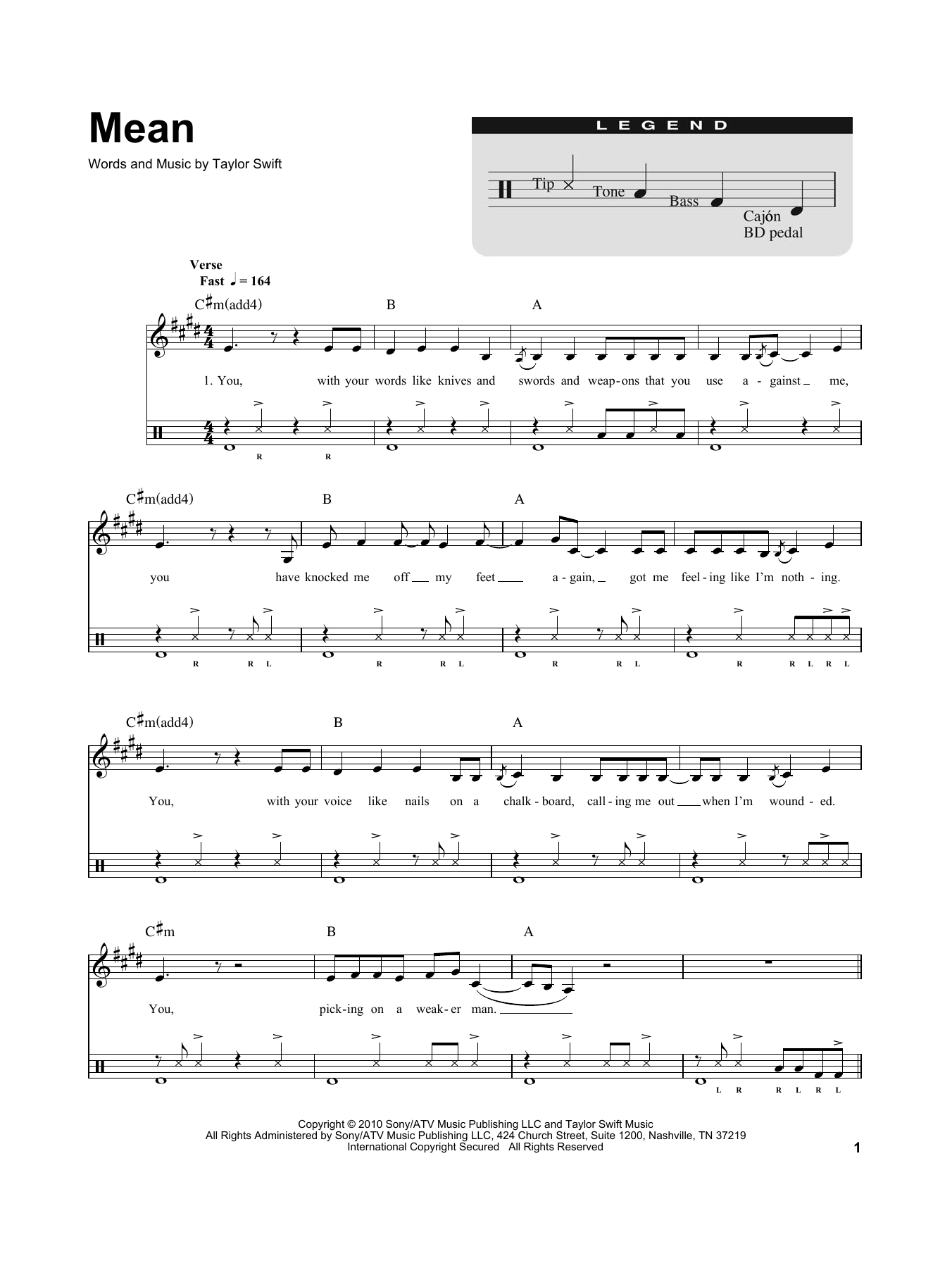 Taylor Swift Mean sheet music notes and chords. Download Printable PDF.