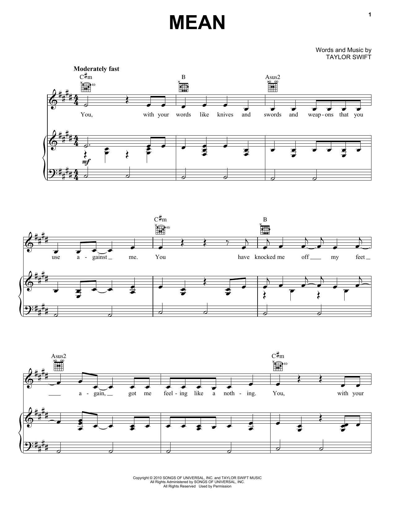 Taylor Swift Mean sheet music notes and chords. Download Printable PDF.