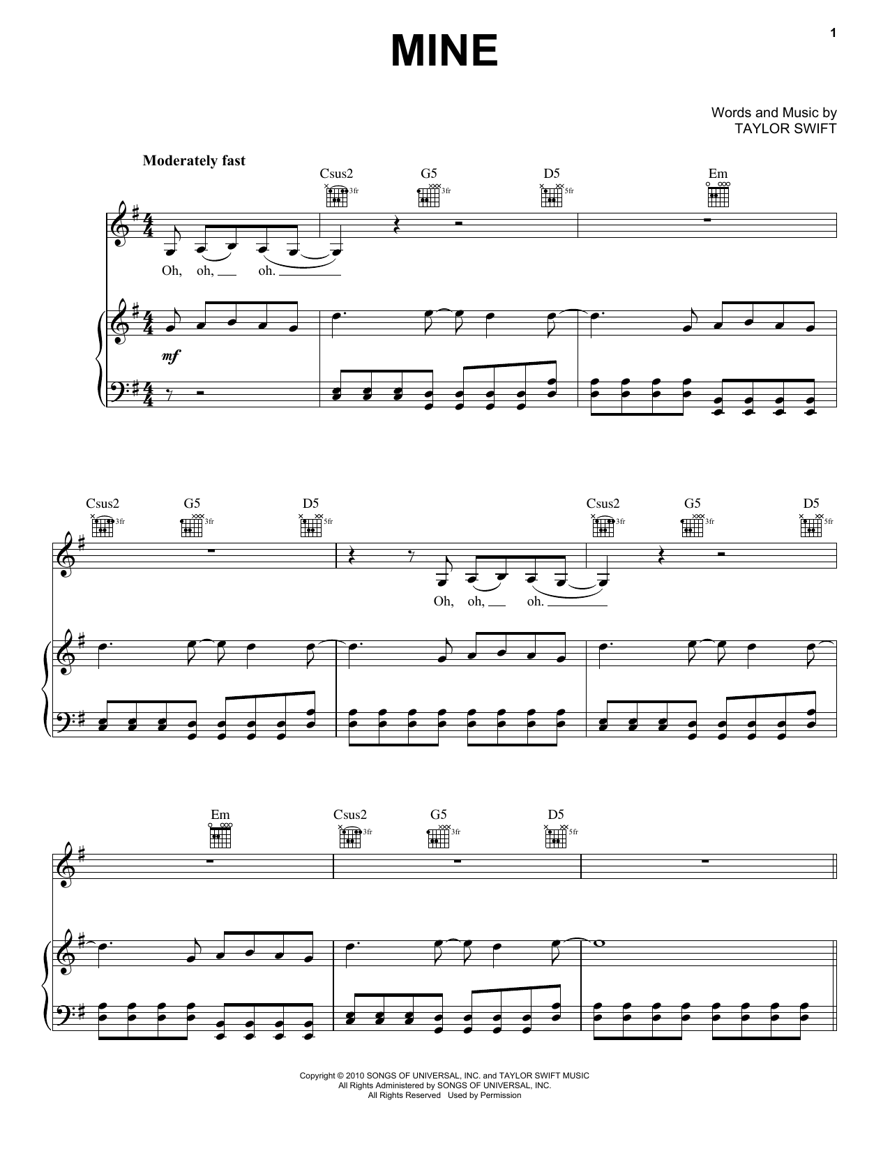 Taylor Swift Mine sheet music notes and chords. Download Printable PDF.