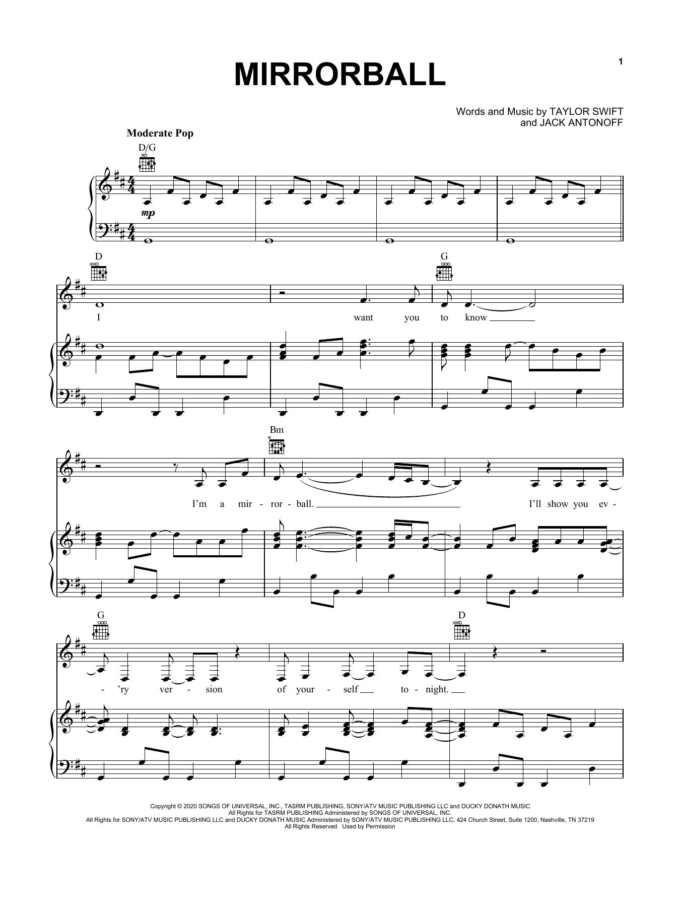 Taylor Swift mirrorball sheet music notes and chords. Download Printable PDF.