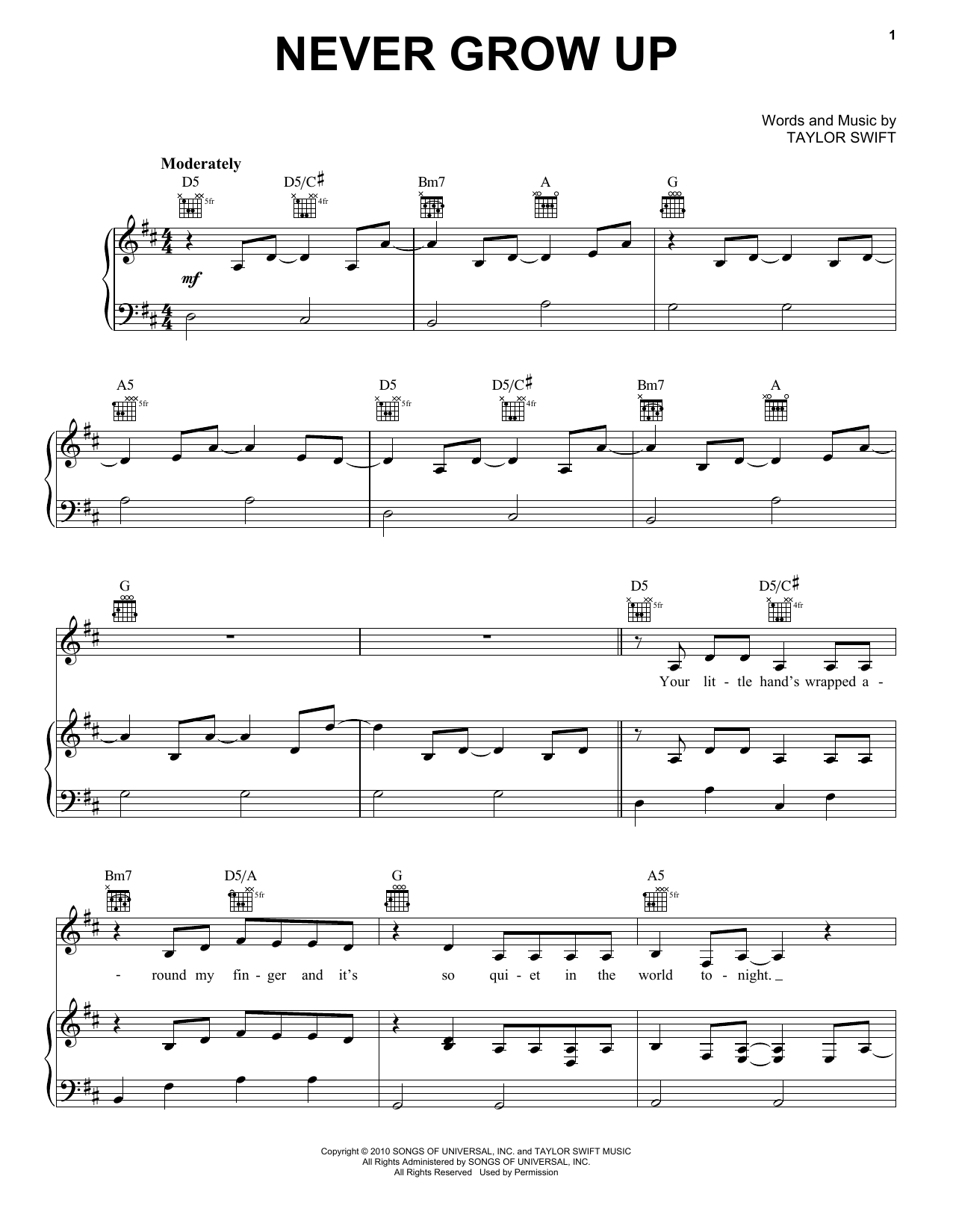 Taylor Swift Never Grow Up sheet music notes and chords. Download Printable PDF.