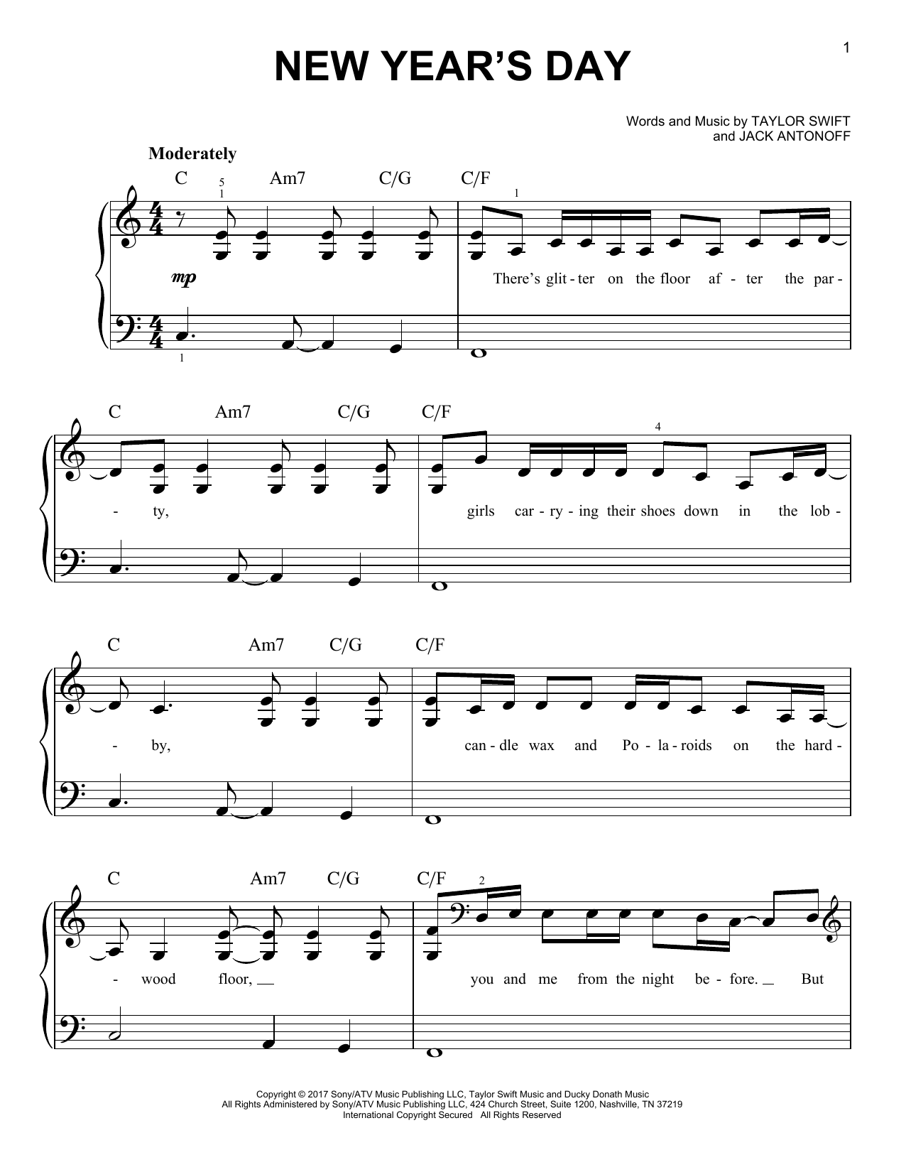 Taylor Swift New Year's Day sheet music notes and chords arranged for Easy Piano