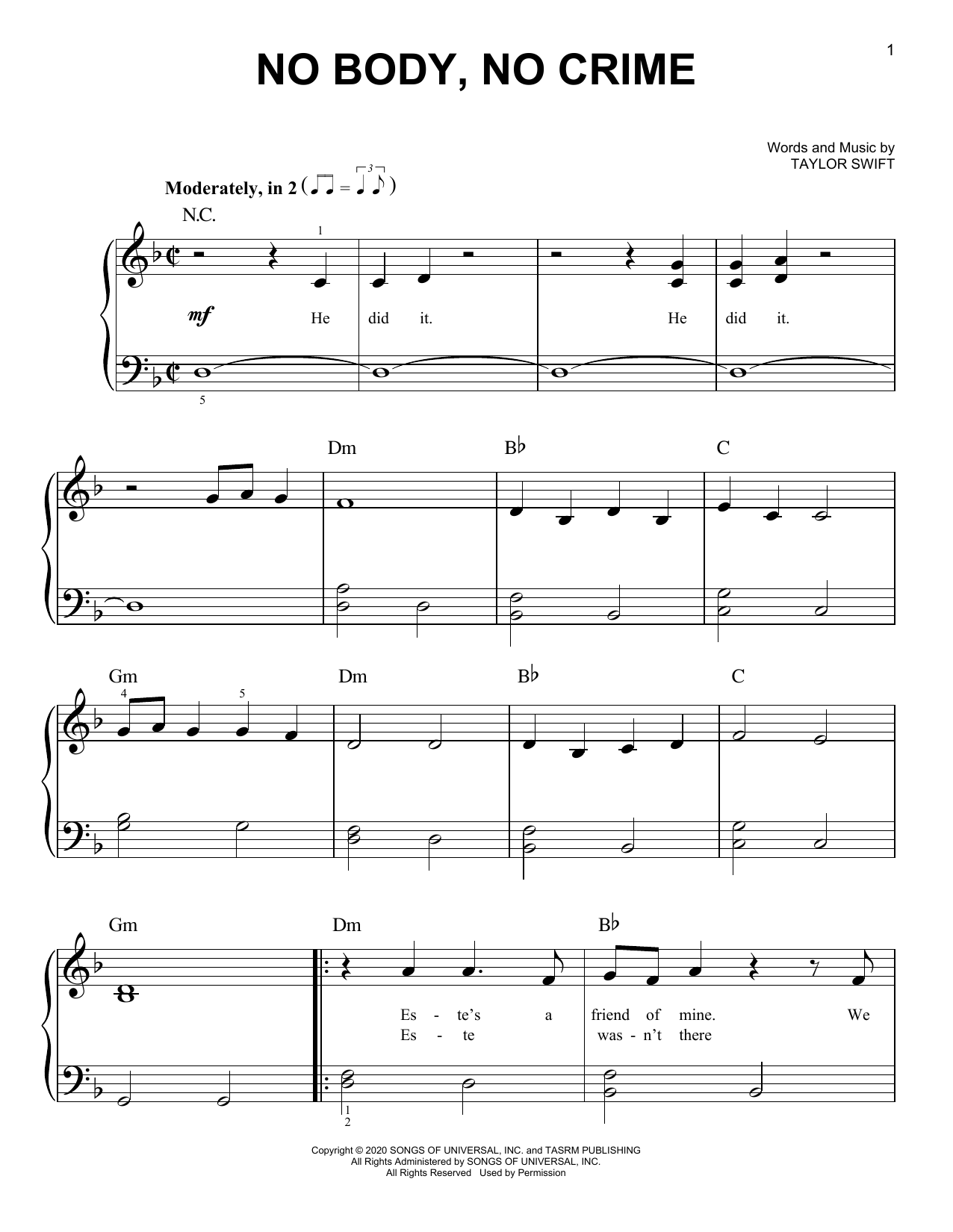 Taylor Swift no body, no crime (feat. HAIM) sheet music notes and chords. Download Printable PDF.