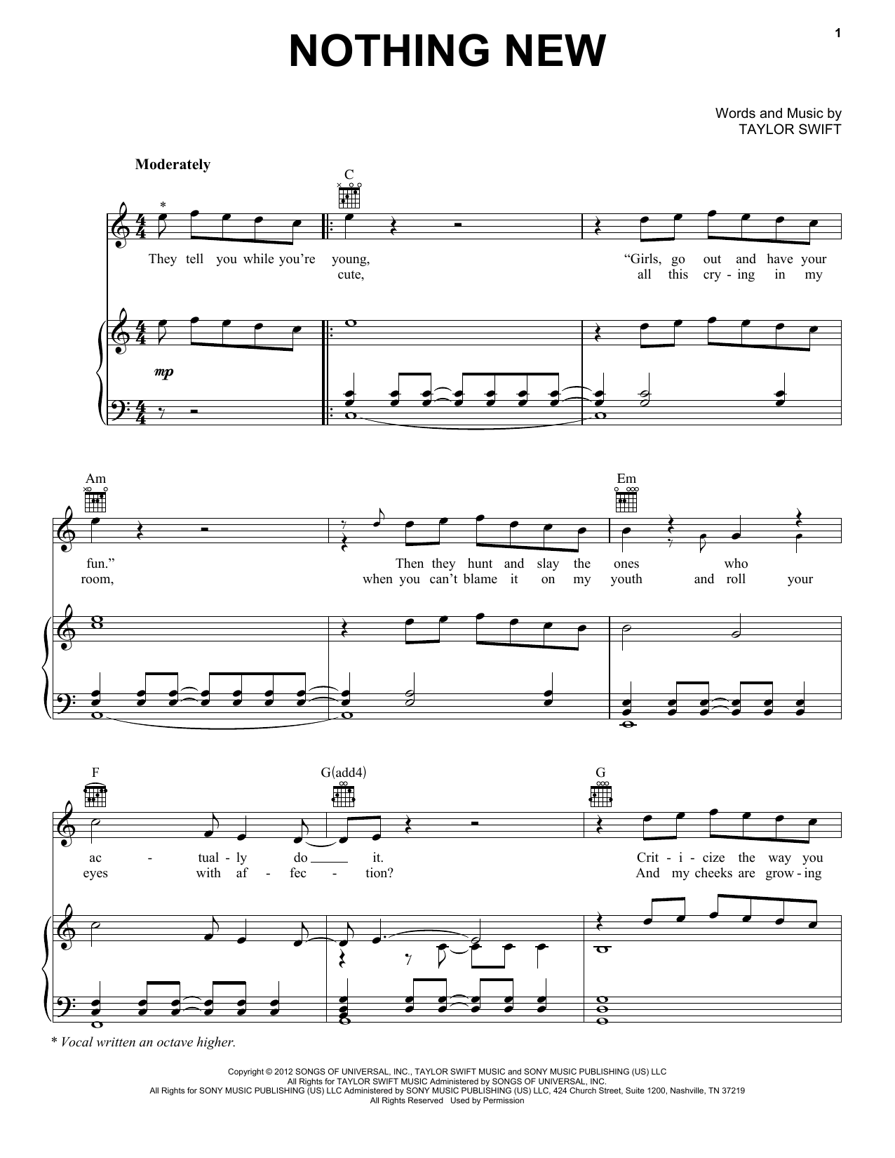 Taylor Swift Nothing New sheet music notes and chords. Download Printable PDF.