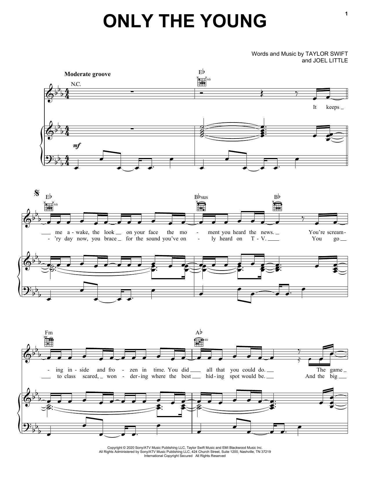 Taylor Swift Only The Young (from Miss Americana) sheet music notes and chords. Download Printable PDF.