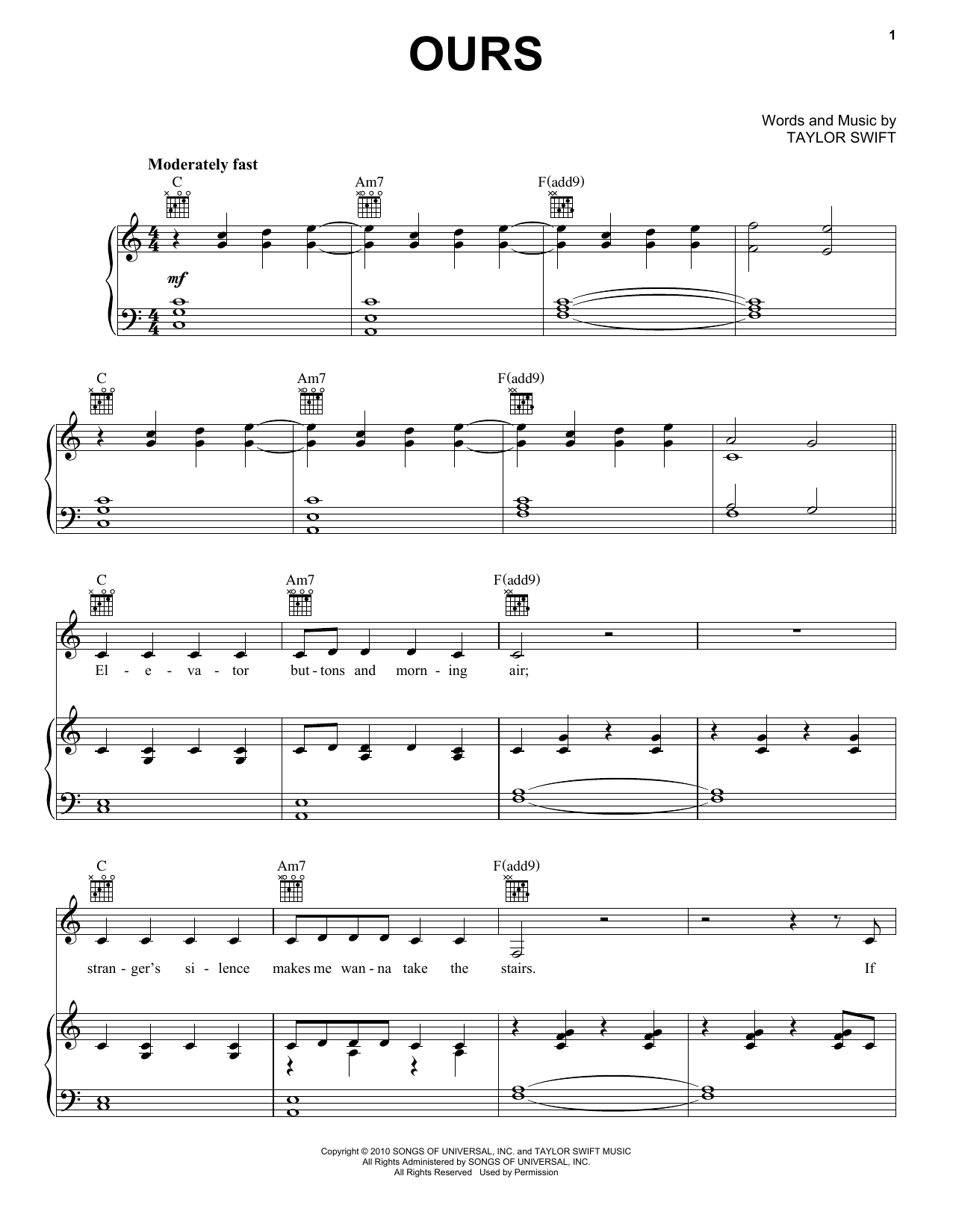 Taylor Swift Ours sheet music notes and chords. Download Printable PDF.