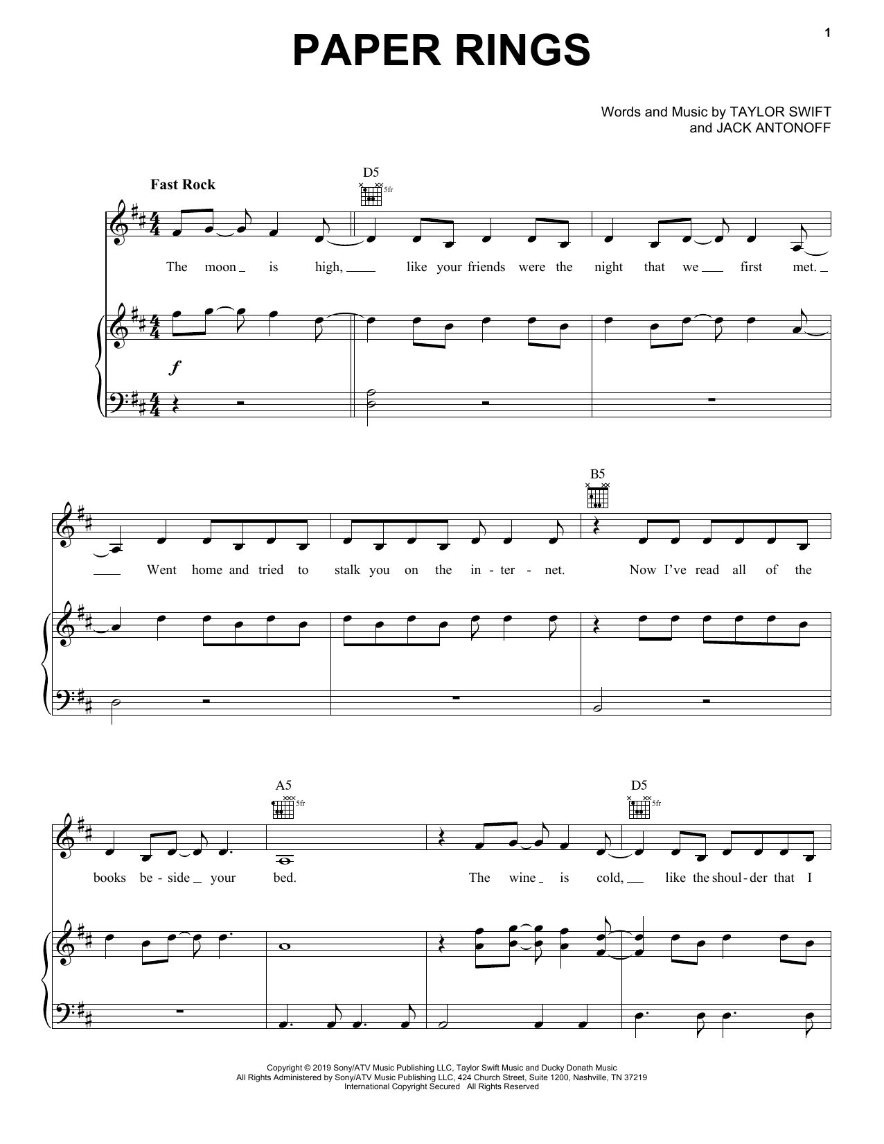 Taylor Swift Paper Rings sheet music notes and chords. Download Printable PDF.