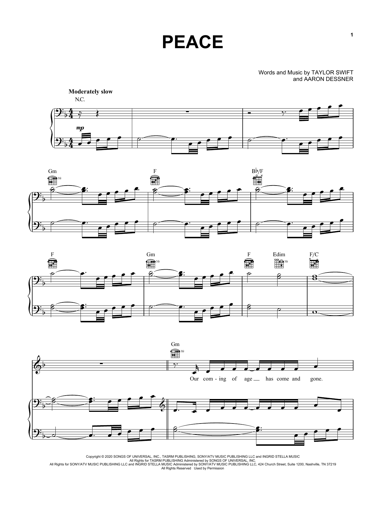Learn to play Taylor Swift peace sheet music for Piano, Vocal & Guitar Chords (Right-Hand Melody) in minutes. Price: 6.9900$ Taylor Swift peace sheet music notes and chords arranged for Piano, Vocal & Guitar Chords (Right-Hand Melody)