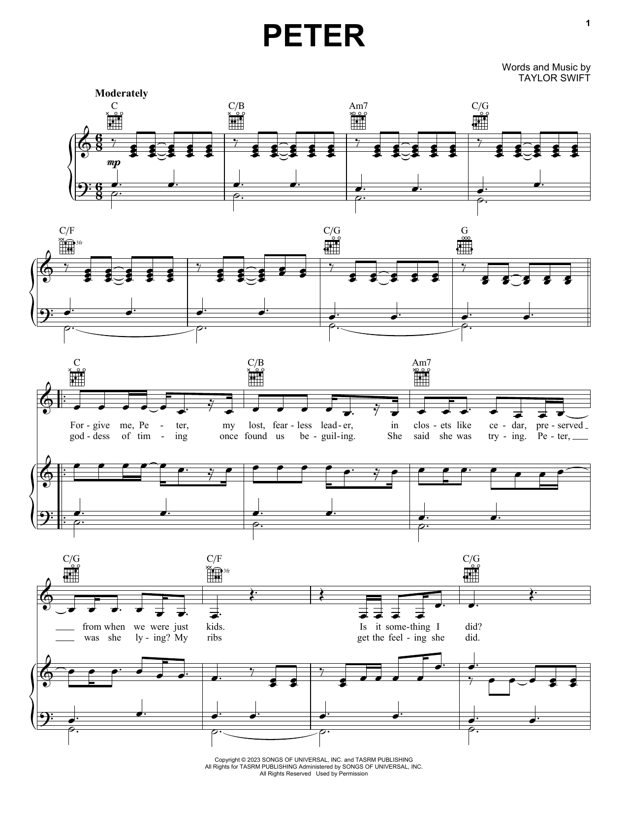 Taylor Swift Peter sheet music notes and chords. Download Printable PDF.