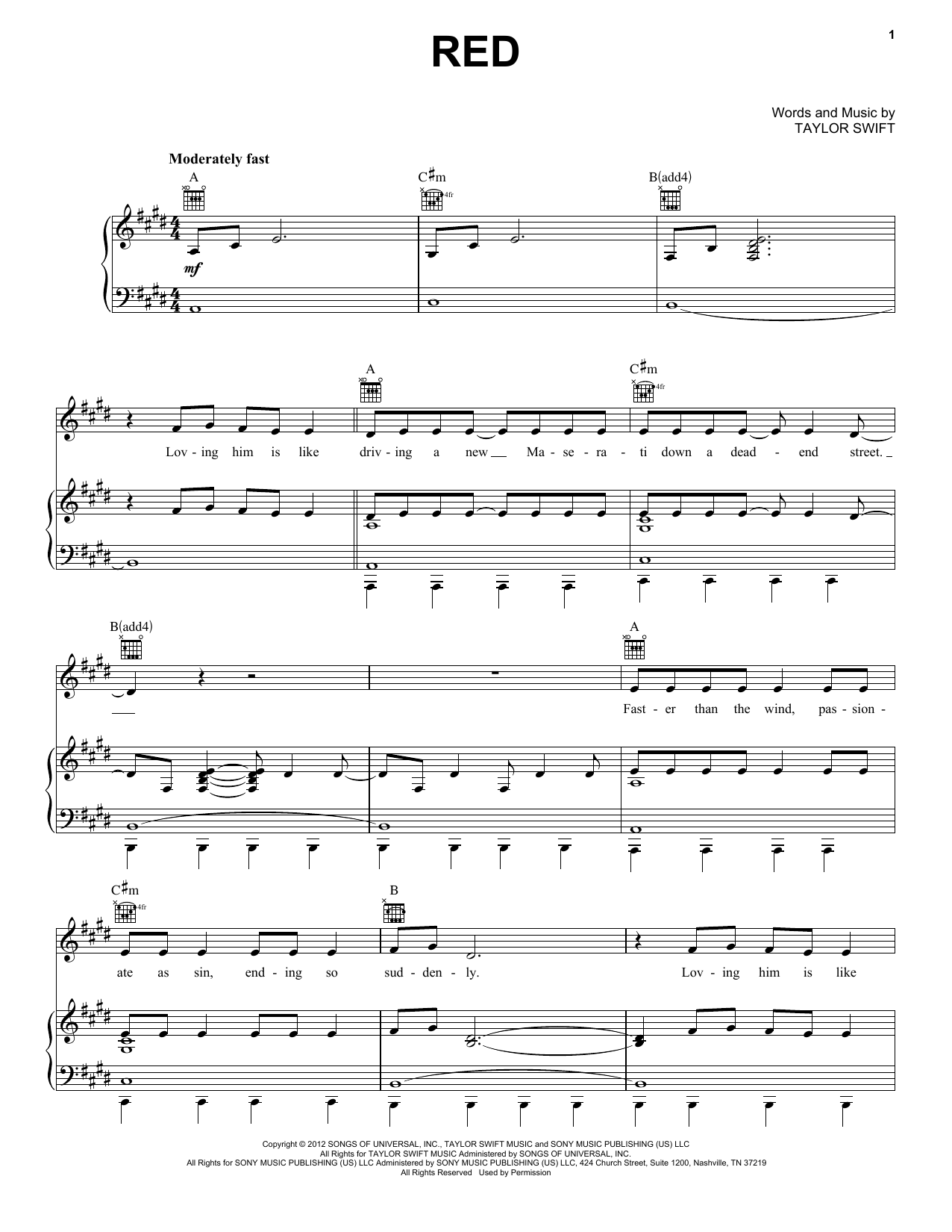 Taylor Swift Red sheet music notes and chords. Download Printable PDF.