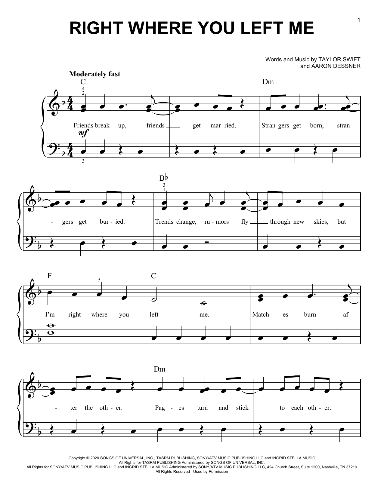 Taylor Swift right where you left me sheet music notes and chords. Download Printable PDF.