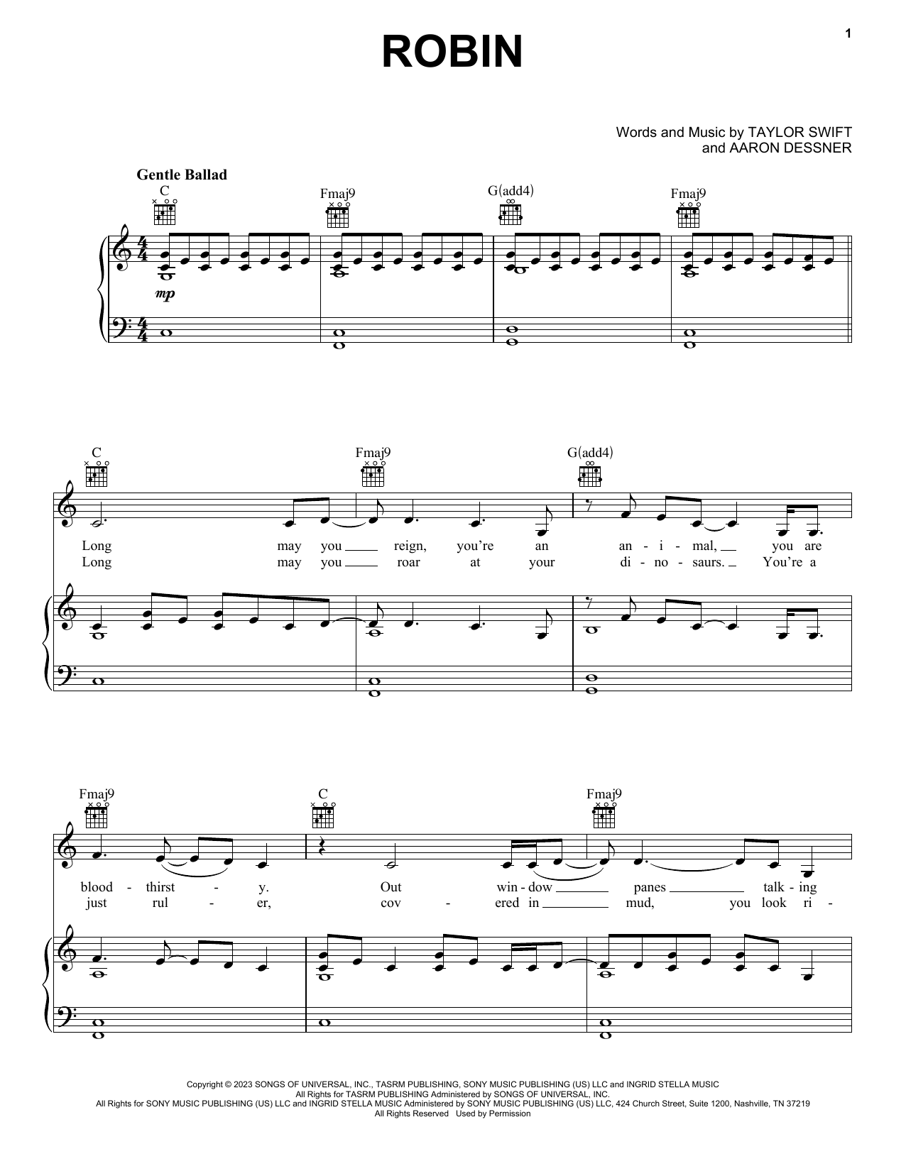 Taylor Swift Robin sheet music notes and chords. Download Printable PDF.