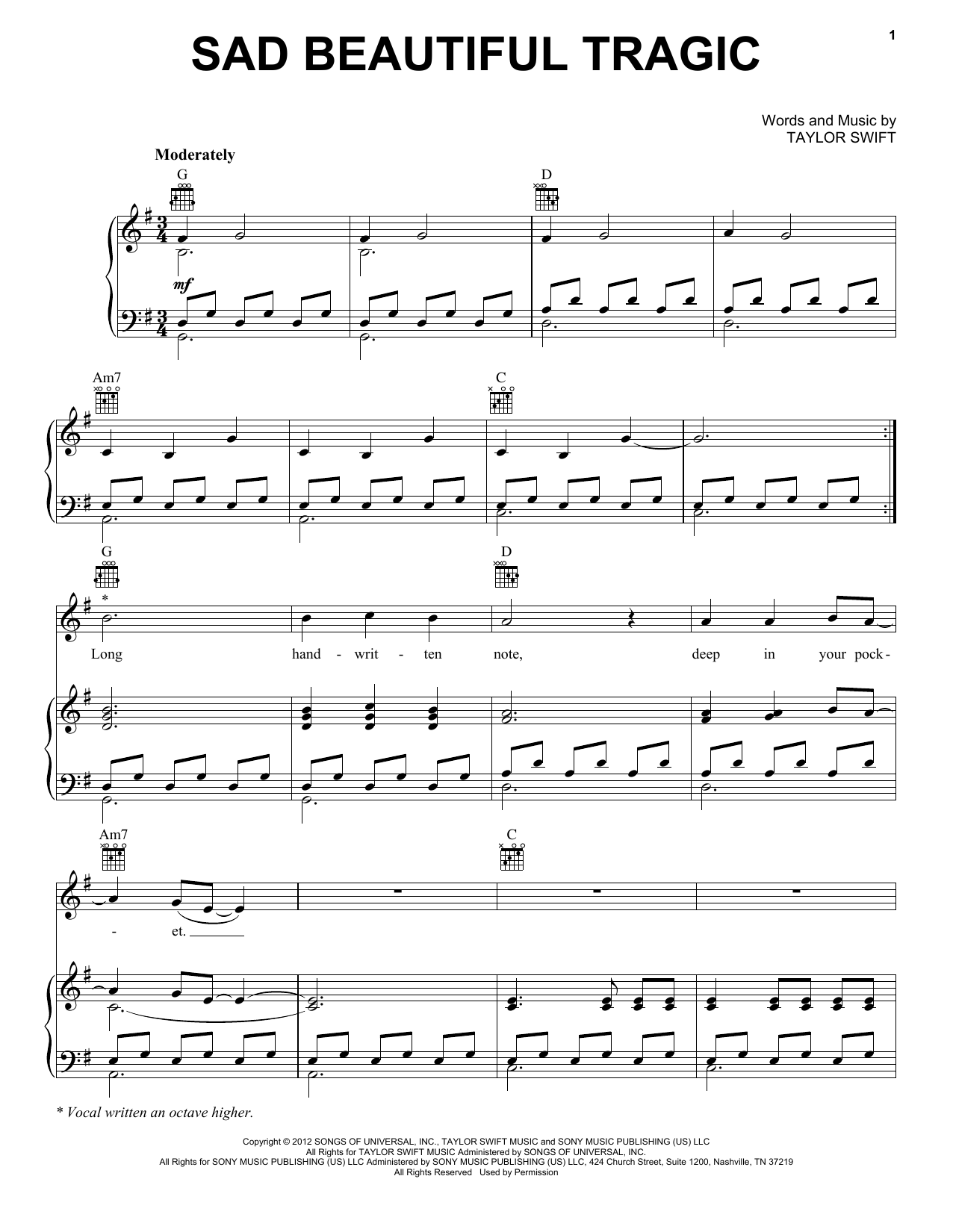 Taylor Swift Sad Beautiful Tragic sheet music notes and chords. Download Printable PDF.