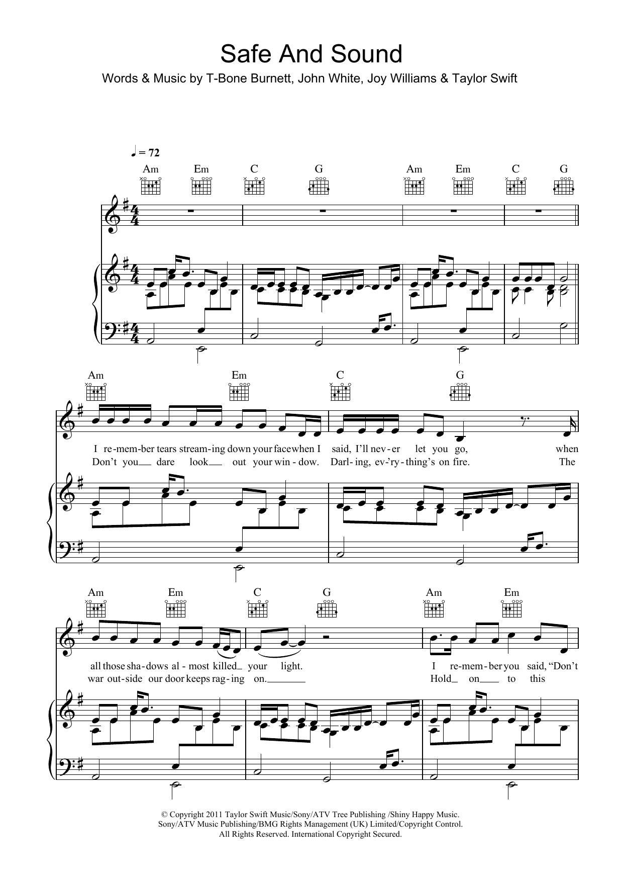 Taylor Swift Safe & Sound (feat. The Civil Wars) (from The Hunger Games) sheet music notes and chords. Download Printable PDF.