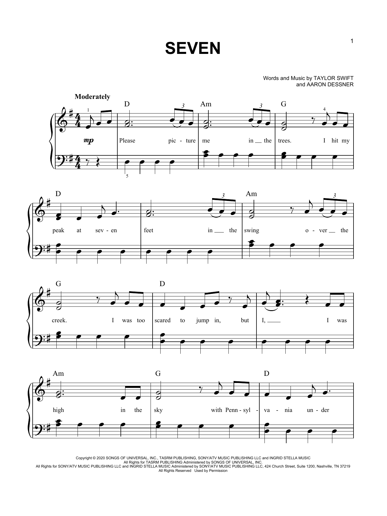 Taylor Swift seven sheet music notes and chords. Download Printable PDF.