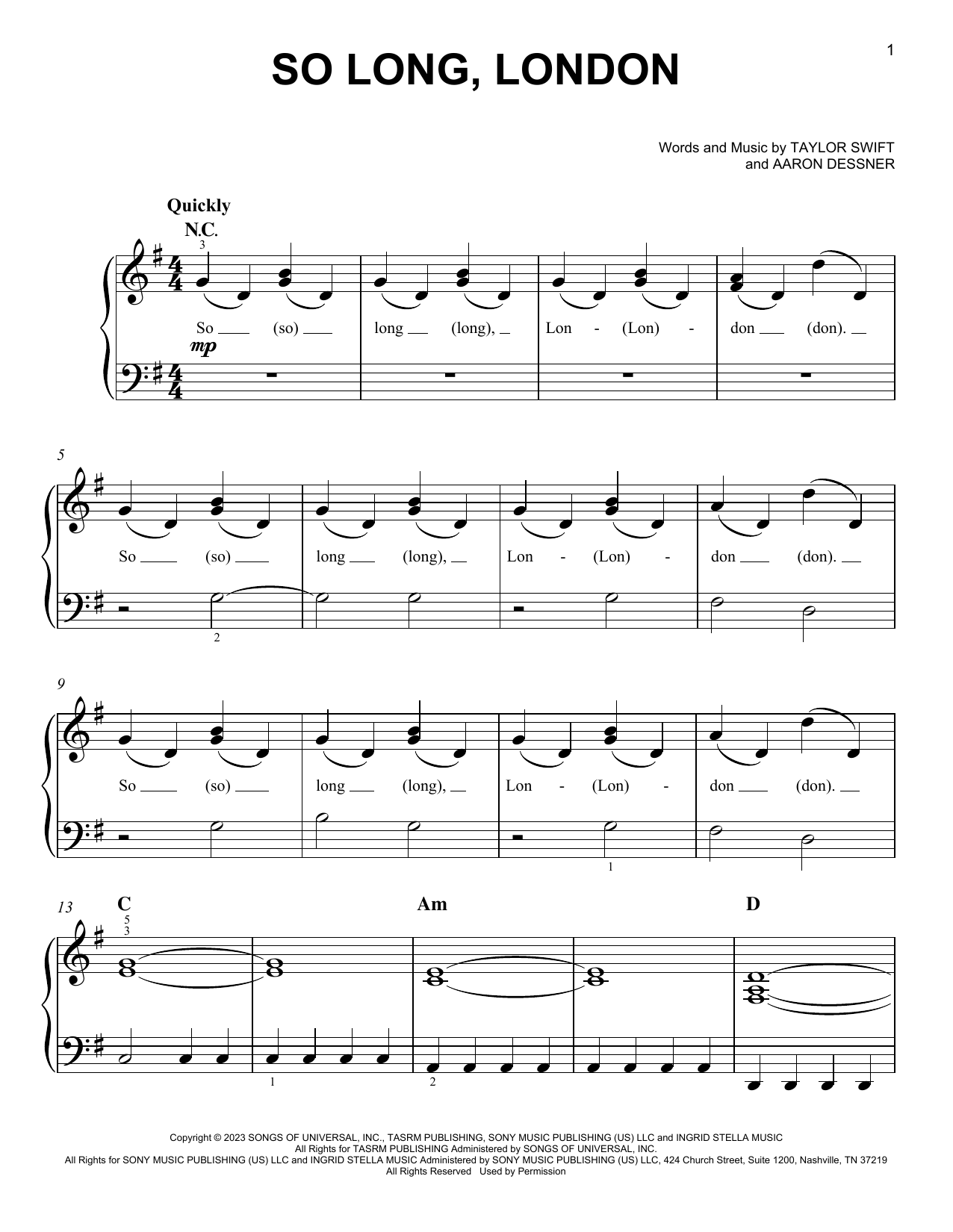 Taylor Swift So Long, London sheet music notes and chords. Download Printable PDF.