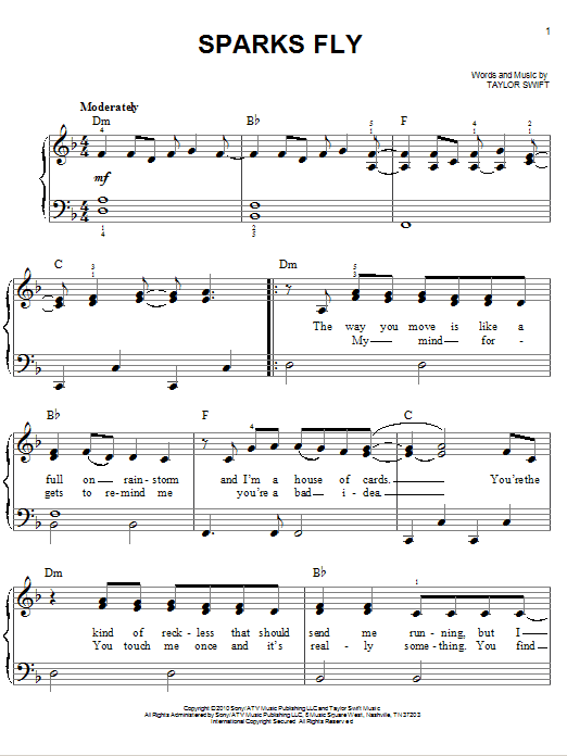 Taylor Swift Sparks Fly sheet music notes and chords. Download Printable PDF.