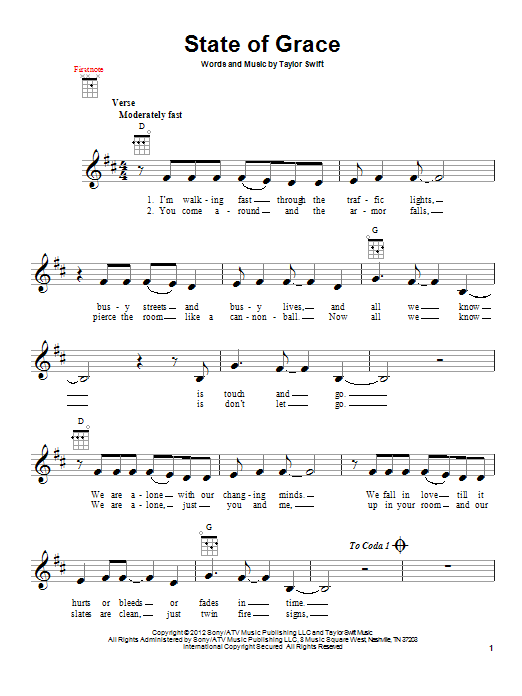 Taylor Swift State Of Grace sheet music notes and chords. Download Printable PDF.