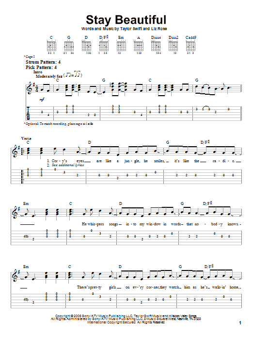 Taylor Swift Stay Beautiful sheet music notes and chords. Download Printable PDF.