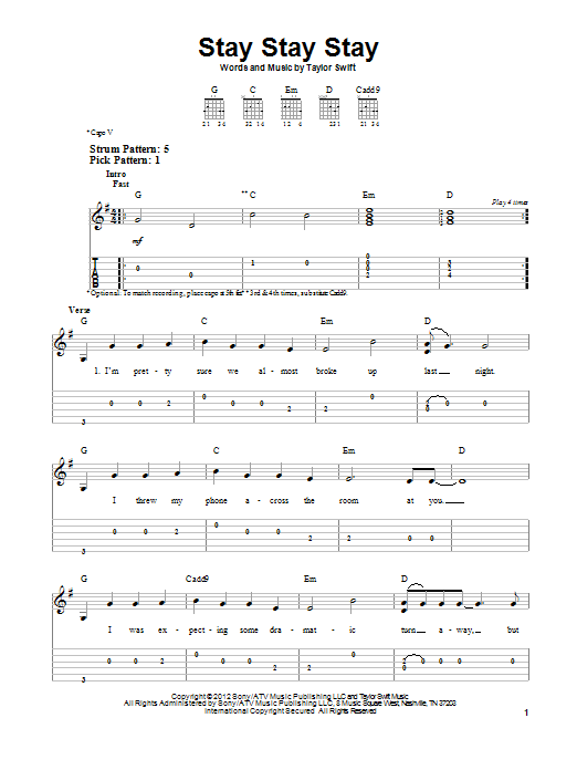 Taylor Swift Stay Stay Stay sheet music notes and chords. Download Printable PDF.