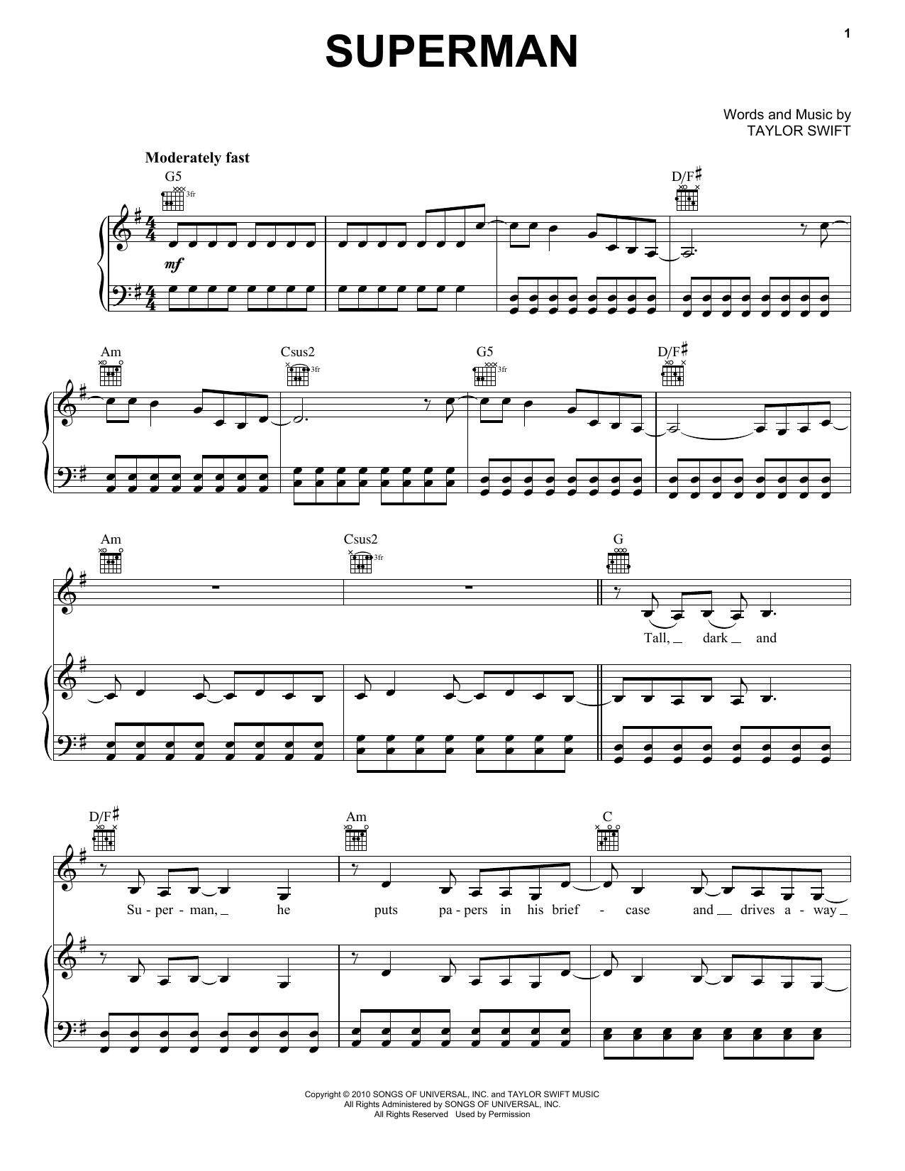 Taylor Swift Superman (Taylor's Version) sheet music notes and chords. Download Printable PDF.