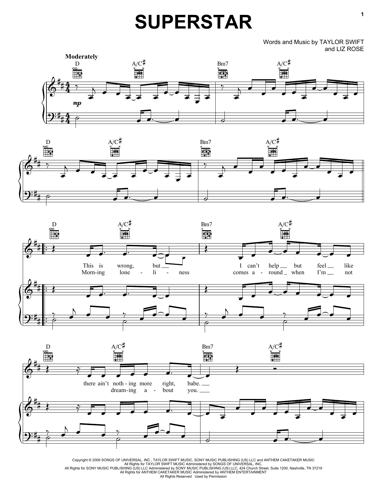 Taylor Swift Superstar (Taylor's Version) sheet music notes and chords arranged for Piano, Vocal & Guitar Chords (Right-Hand Melody)