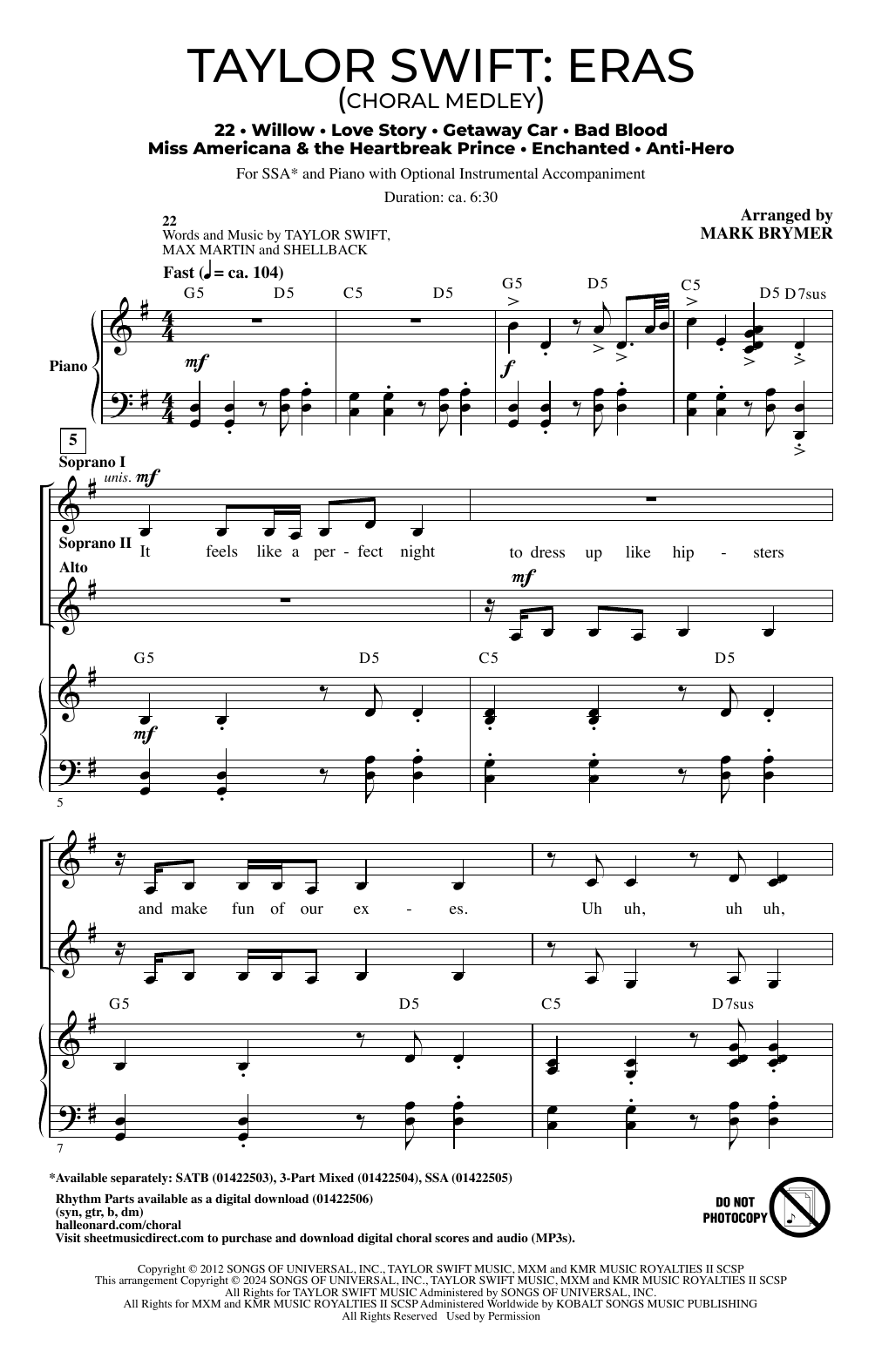 Taylor Swift Taylor Swift: Eras (Choral Medley) (arr. Mark Brymer) sheet music notes and chords. Download Printable PDF.