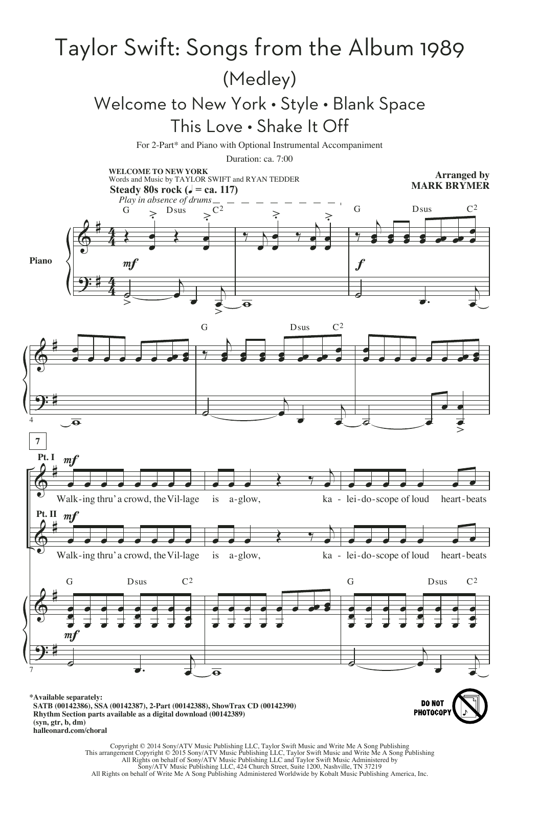 Taylor Swift Taylor Swift: Songs from the Album 1989 (Medley) (arr. Mark Brymer) sheet music notes and chords arranged for 2-Part Choir